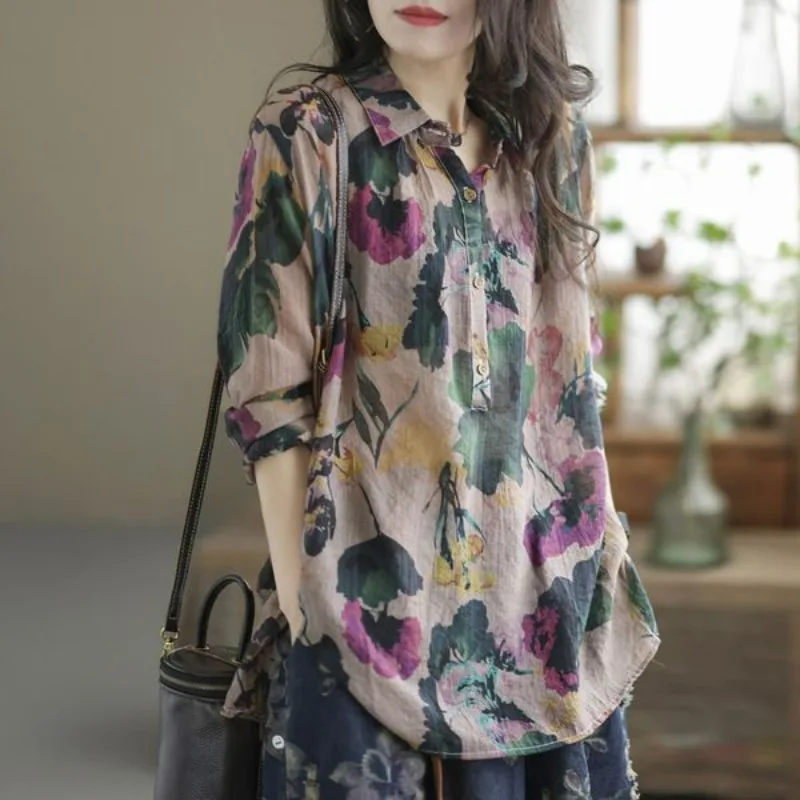 Women's Vintage Floral Print Cotton Linen Shirt Lapel Long Sleeve Loose Blouse Spring Autumn Casual Tunic Tops Blusas Para Mujer