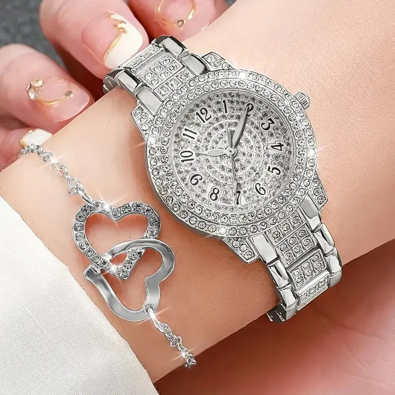 6pcs Ladies Fashion Casual Star Number Full Diamond British Watch White Crystal Love Earrings Necklace Ring Bracelet Gift Set
