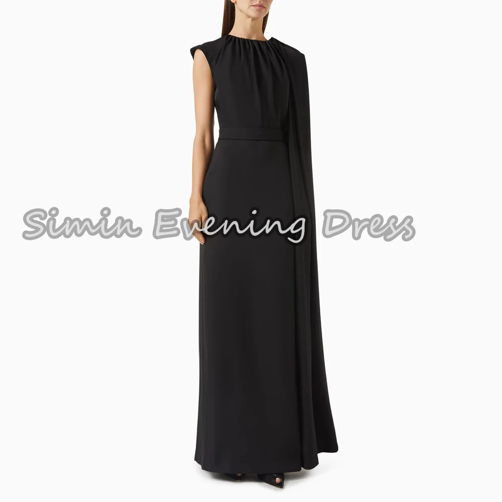 

Simin Crepe Straight O-neck Draped Floor Length Simple Evening Dresses For Women 2025 With Long Sleeve Saudi Arab Party Dress