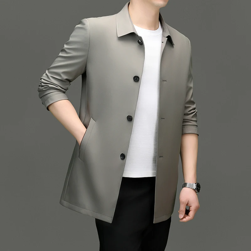 

2024 Men's Trench Coat Long Fashion Handsome with Solid Color High-end Fabric Lapel Business Casual Coat Young People Jackets