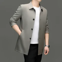 2025 Men's Trench Coat Long Fashion Handsome with Solid Color High-end Fabric Lapel Business Casual Coat Young People Jackets