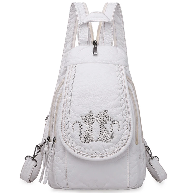 Embroidery Mini Backpacks Women\'s Backpack Cute Flower Pattern Wash PU Leather Ladies Backpack White Shoulder Bags for Girls SAC