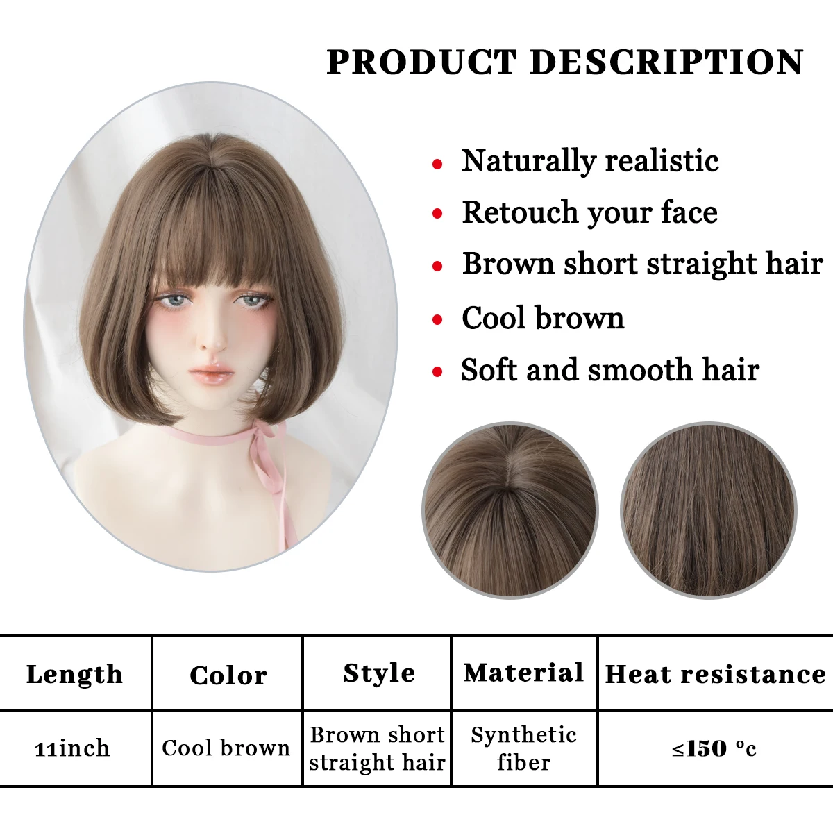 Parrucche sintetiche diritte corte di colore lino Bob con frangia donna Lolita Cosplay Matilda naturale morbido abbigliamento quotidiano accessori per capelli