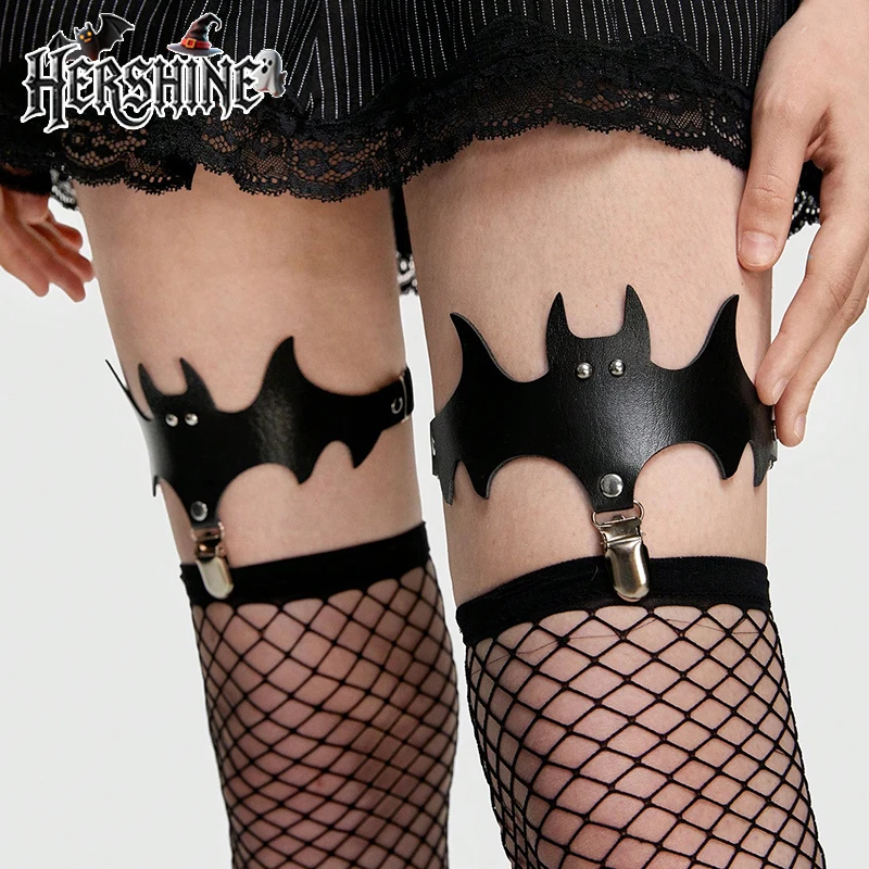 HERSHINE 2-teiliges Set aus schwarzen Halloween-Strumpfbändern in Fledermausform für Damen, Leggings, Y2K-Halloween-Outfit-Accessoires im dunklen Stil