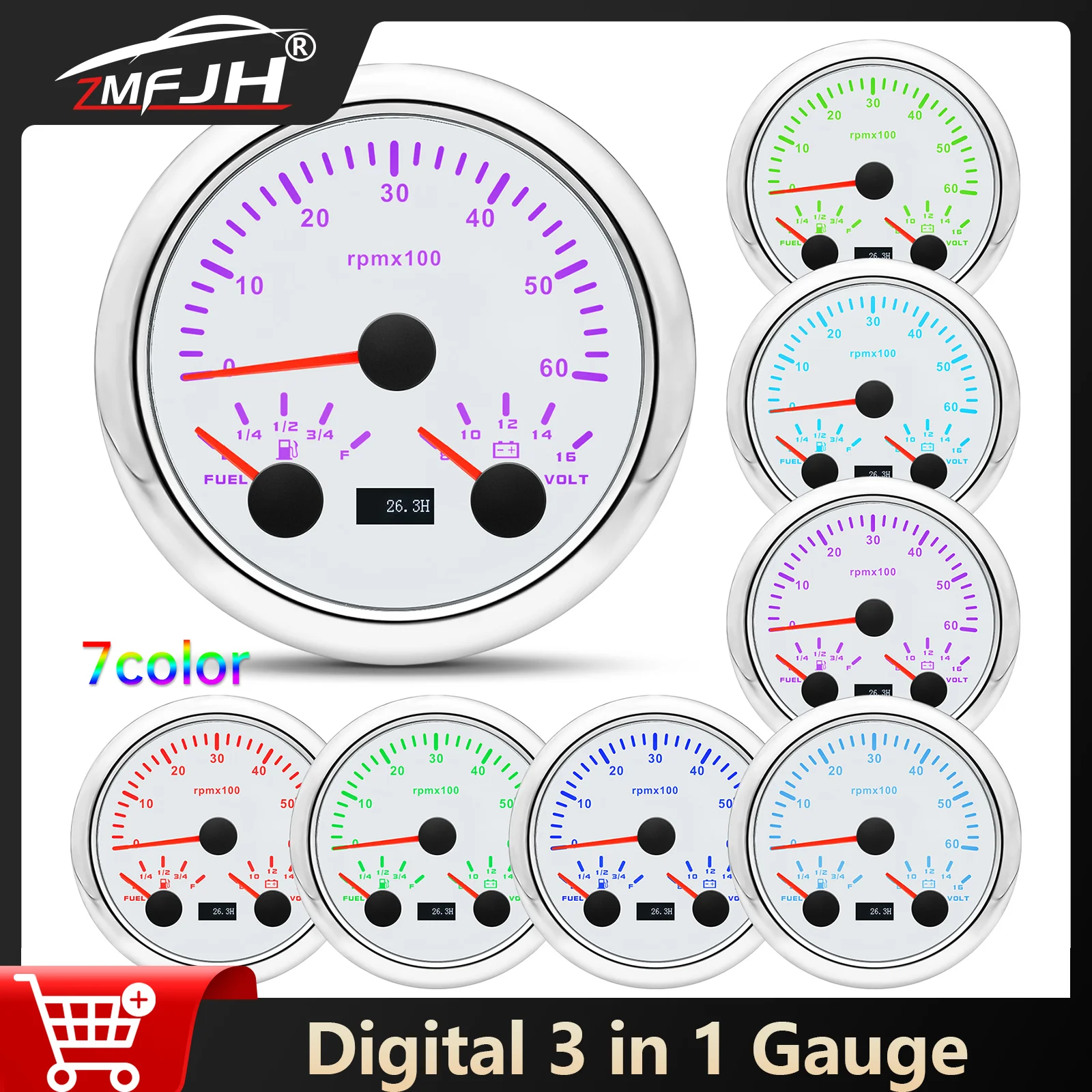 

7-цветная подсветка 3000/6000/7000/8000 об/мин тахометр измеритель уровня топлива напряжение 85 мм 3 в 1 датчик для автомобиля морской лодки 12 В 24 В