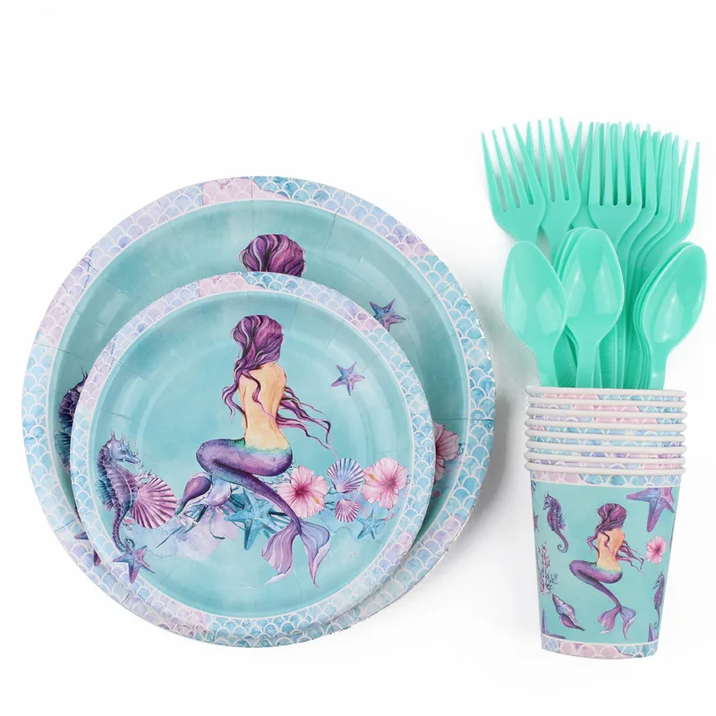 Mermaid Birthday Party Napkin Plate Cup Straw Banner Disposable Dinnerware Set Baby Shower Mermaid Party Supplies