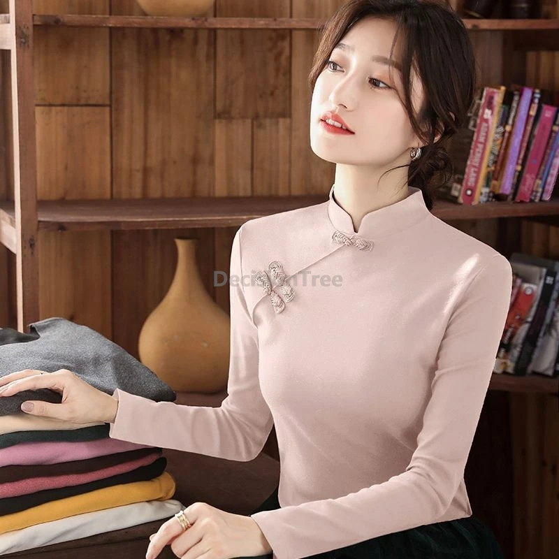 Over size Chinese style national pattern Buckle semi-high collar base shirt Autumn long sleeve shirt Traditional cheongsam top
