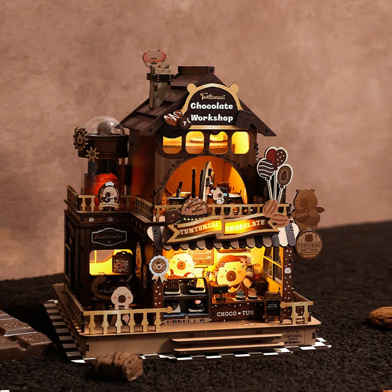 DIY Wooden Chocolate Workshop Casa Miniature Model Kits With Furniture LED Lights Dollhouse for Friends Birthday Gifts