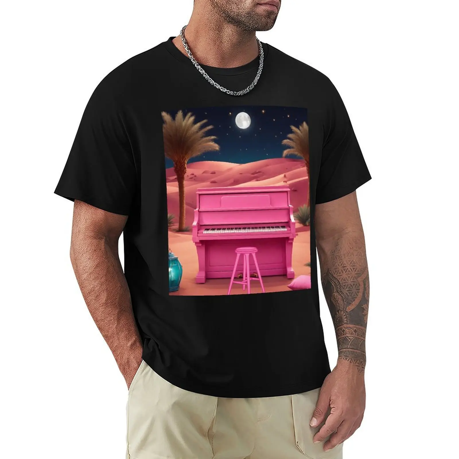 

Piano in the Egyptian desert with Pyramids, jungles, lanterns, ancient Rome T-Shirt Casual Soft Cotton Short Sleeve Tee