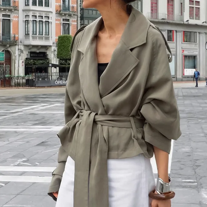 Fashion Solid Lapel Lace Up Trench Coat Women Casual Long Sleeve Short Loose Short Coat Lady Autumn Daily Commute Street Outwear