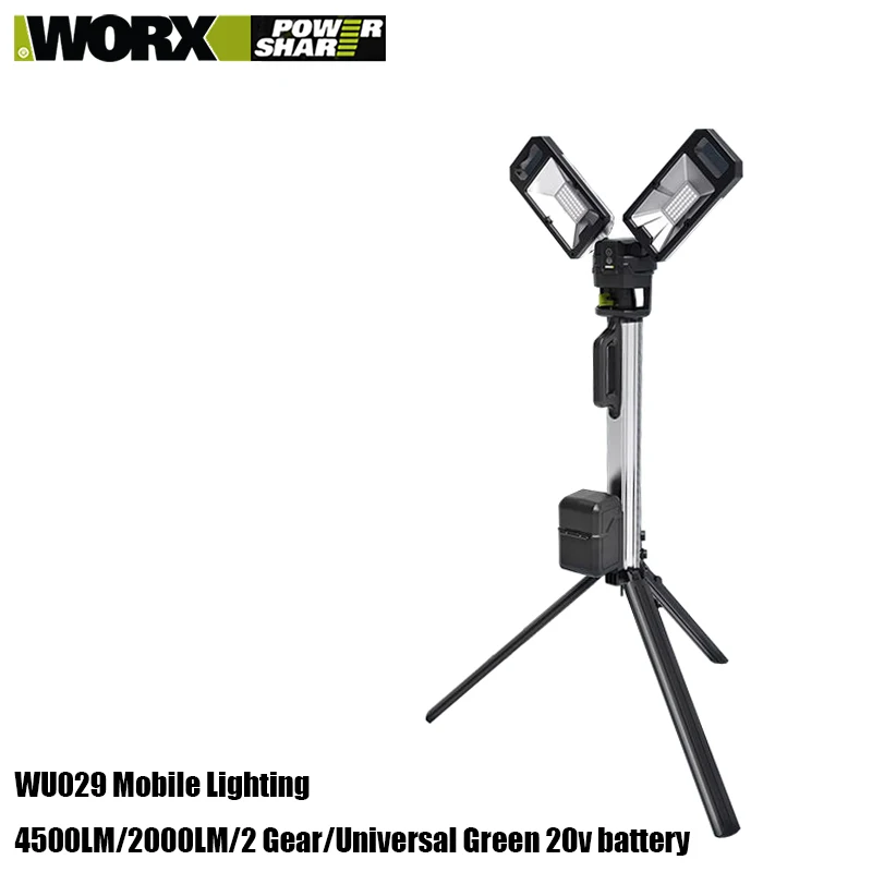 Worx WU029 20v Cordless Work Lamp Portable Spotlight AC DC Dual Using 4500LM Telescopic Adjust Storage Share 5pin Green Battery