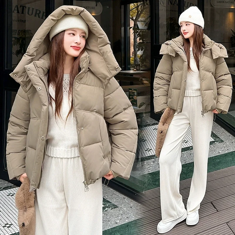 

20255 New Korean Down Cotton Jacket Women Hooded Parkas Winter Padded Coat Thick Warm Loose Female Snow Wear Outwea Short Jacket