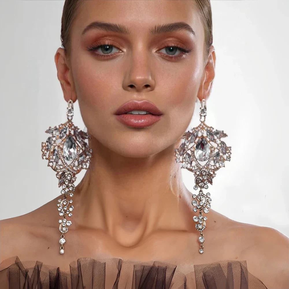 Stonefans Rhinestone Exaggerated Dangle Earrings for Women Wedding Gift 2024 Trendy Bridal Crystal Statement Earrings Banquet