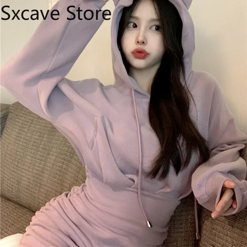 High Waist Hoodies Dress Women Casual Long Sleeve Sexy Y2k Mini Dress 2024 Autumn Design One Piece Dress Korean Kawaii Clothing