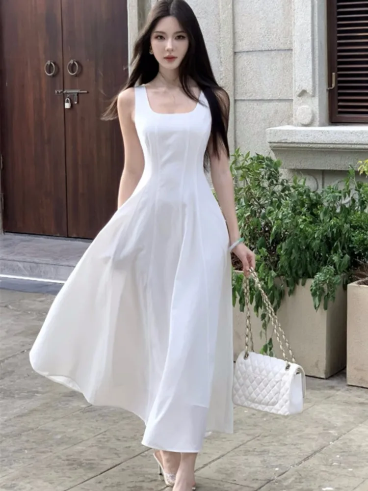 

Summer Elegant French Dress For Woman U Neck Sleeveless A Line Slim Waist Long Dresses Vestidos 2025 Solid Fashion Party Robe