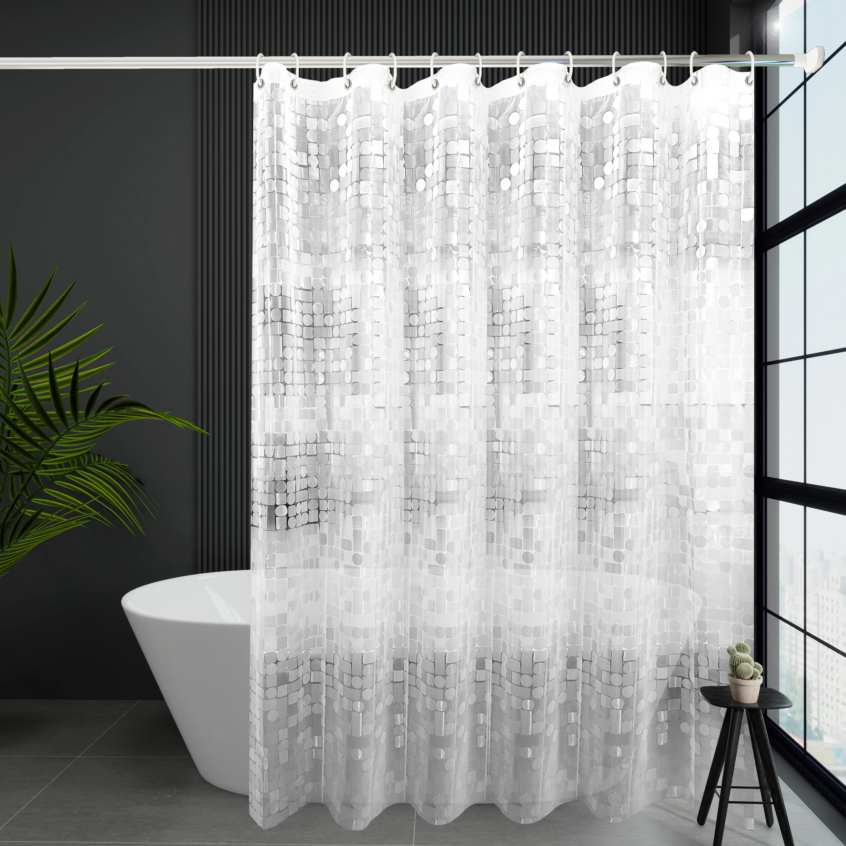 Artistic Square and Round Texture Pattern Shower Curtain, Niche Design Bathroom Curtain, Enhances Bathroom Aesthetics, Partition Curtain