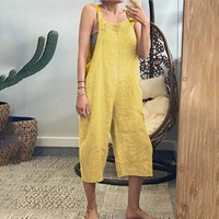 Solid Color Women Loose Cotton Linen Jumpsuit Sleeveless Harem Overalls Jumpsuits Loose Vintage Pants Femme Clothes