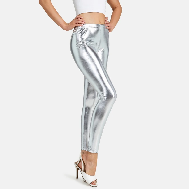 Sexy High Waist Elastic Bronzing Reflective Leggings For Women Solid Color Dance Stage Performance Street Style Party Tights