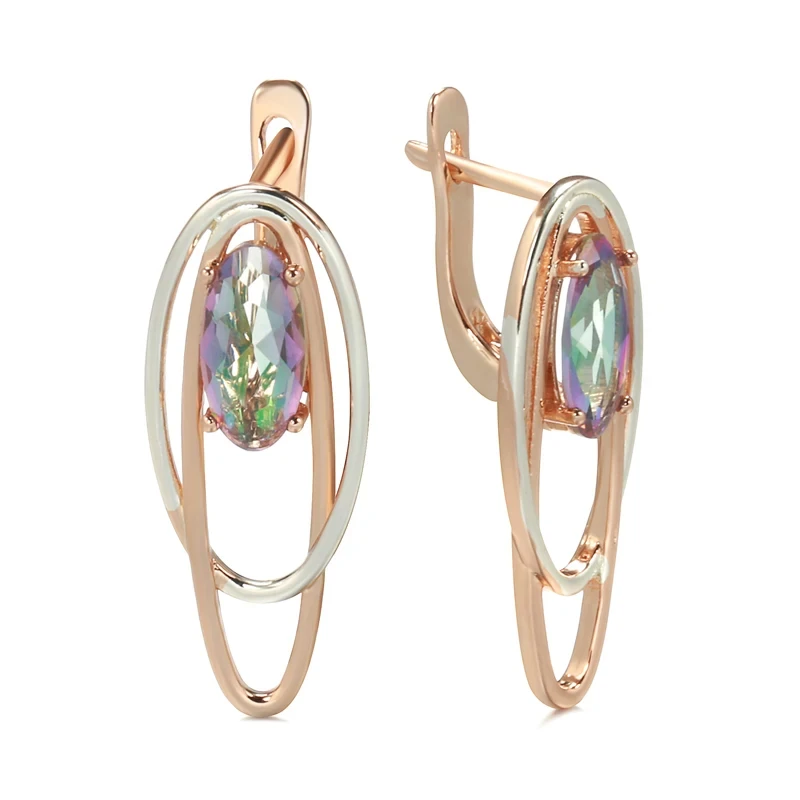 Wbmqda Trendy Double Oval Light Green Zircon Women\'s Earrings 585 Gold Silver Mix Color Personalized Modern Jewelry Accessories