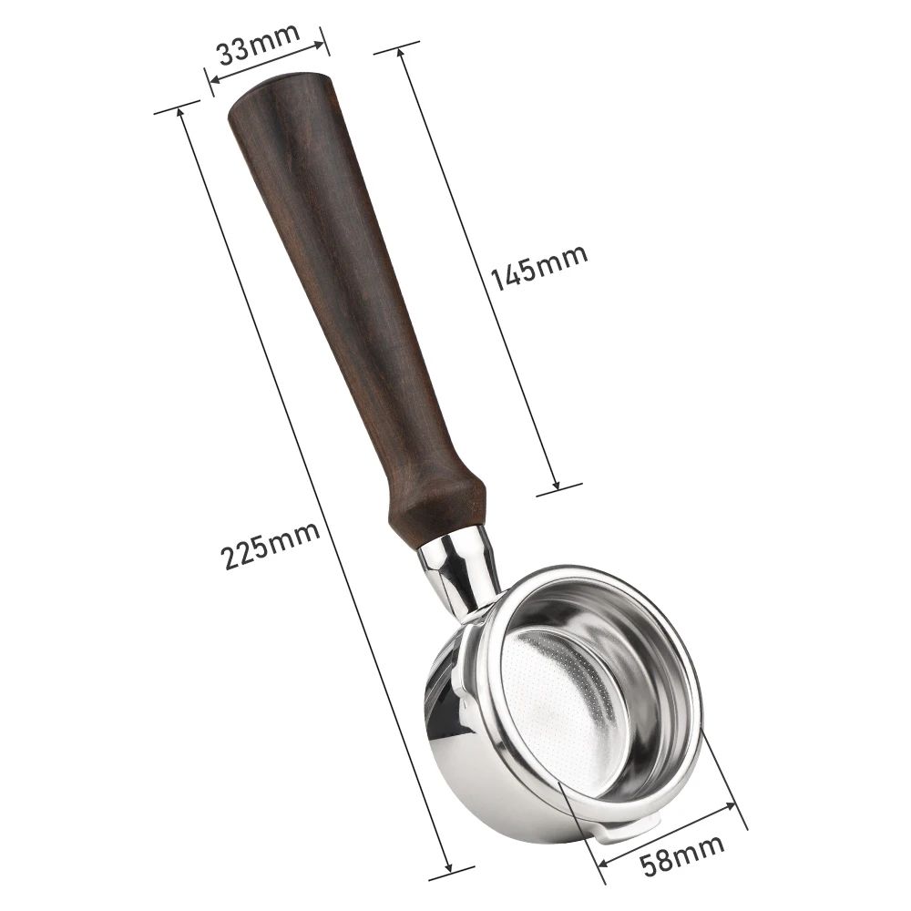 

Stainless Steel Bottomless Portafilter, Wooden Coffee Handle, Cup Filter Basket Replacement, 3 Ears, 58mm