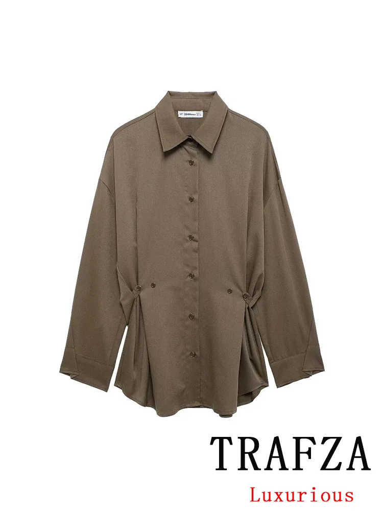 TRAFZA Vintage Casual Chic Solid Women Blouse Adjustable Turn-down Collar Single Breasted Blouse New Fashion 2024 Autumn Shirts