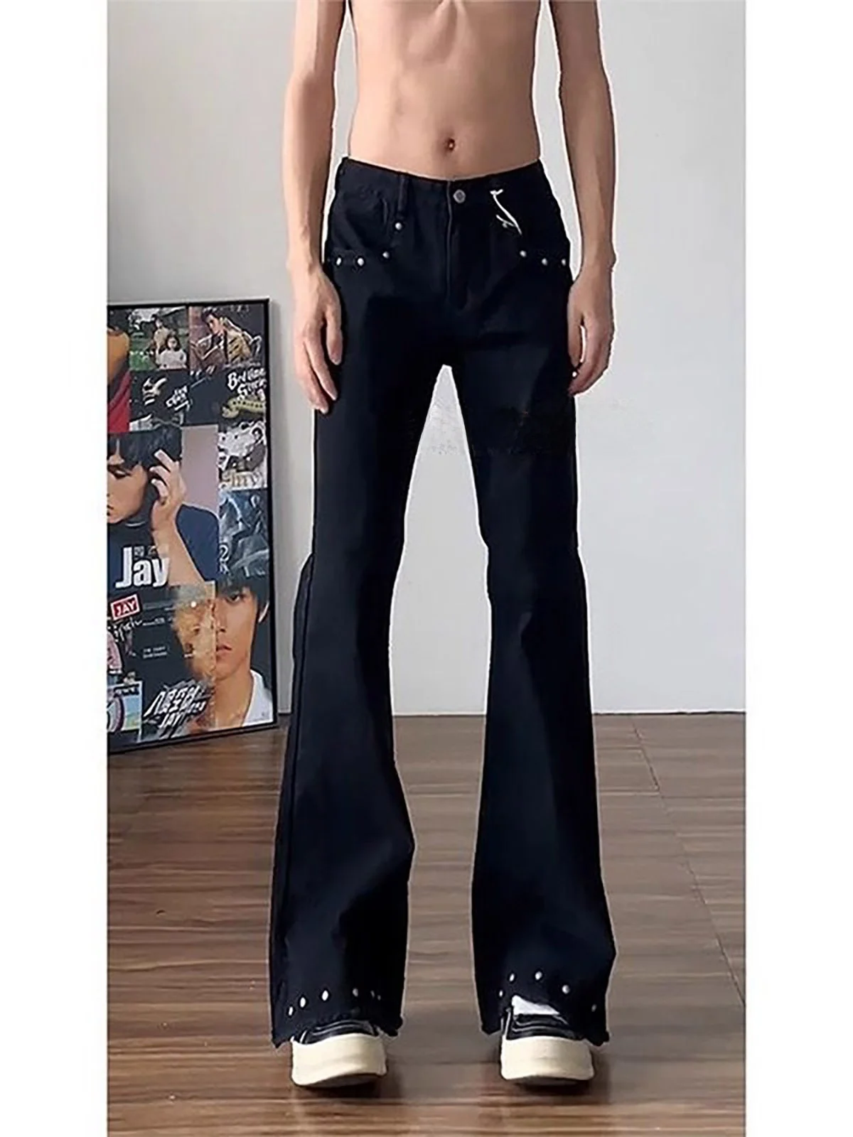 

Black Rivet Frayed Knife Denim Jeans Men Women American High Street Vibe Slim High Waist Lift Straight Micro Flare Pants
