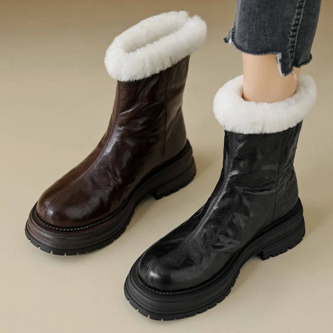 Botas de neve femininas de lã de pele de carneiro dentro do inverno tornozelo sola grossa plataforma apartamentos volta zip tempo frio botas curtas sapatos mulher