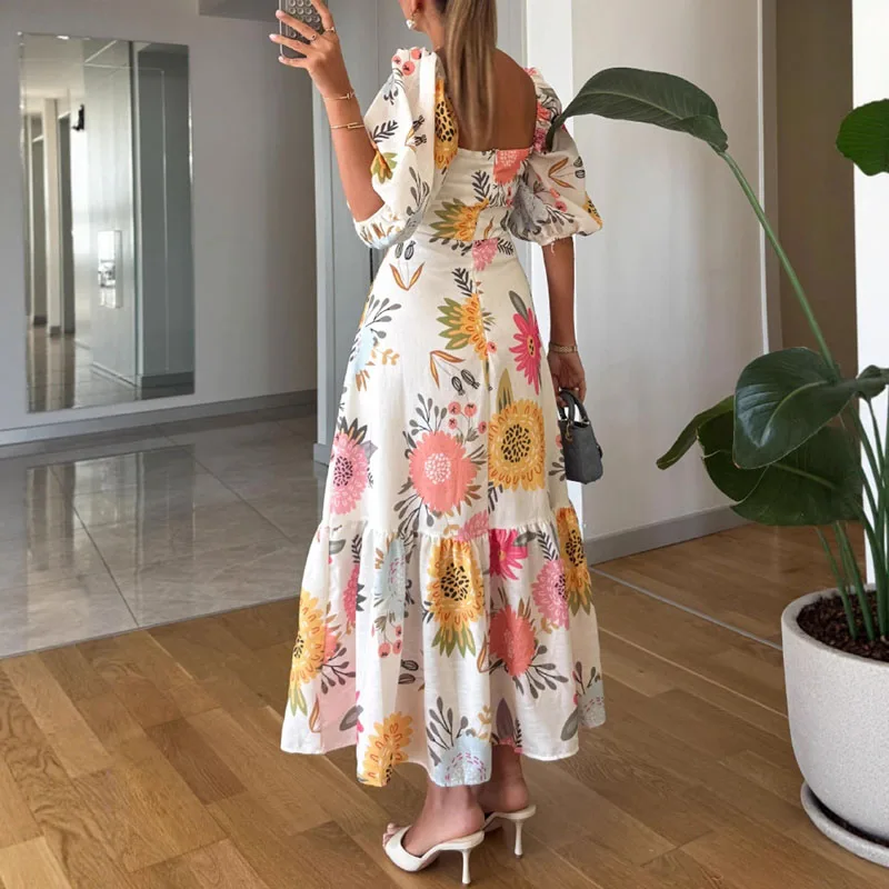 Robe longue plissée à imprimé Floral pour femme, élégante, col carré, manches bouffantes, décontractée, ligne a, style Boho, dos nu, robe de vacances