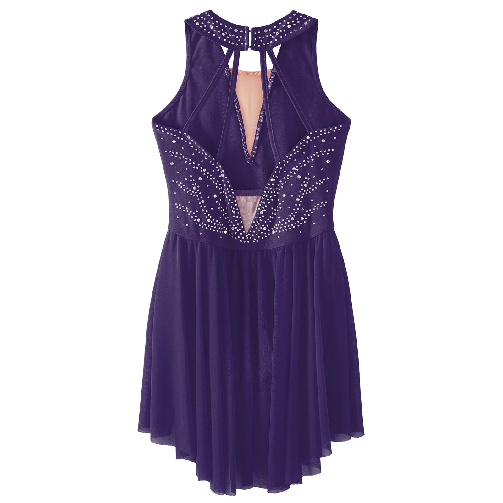 فستان تزلج للأطفال من حجر الراين ، أداء غنائي باليه ، ظهر بأرباط ، تنحنح غير متماثل ، فساتين رقص بلا أكمام للفتيات