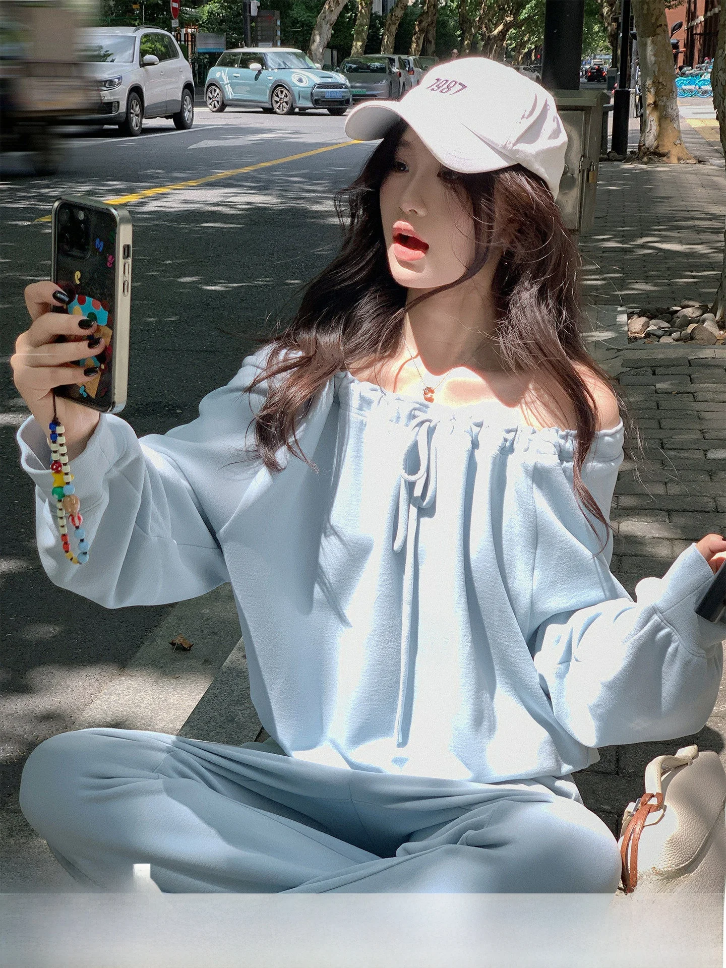 

Casual Sweatshirt Set High Waist Long Pants One Shoulder Drawstring Top Korean Style Loose Fit Autumn Wear for Women