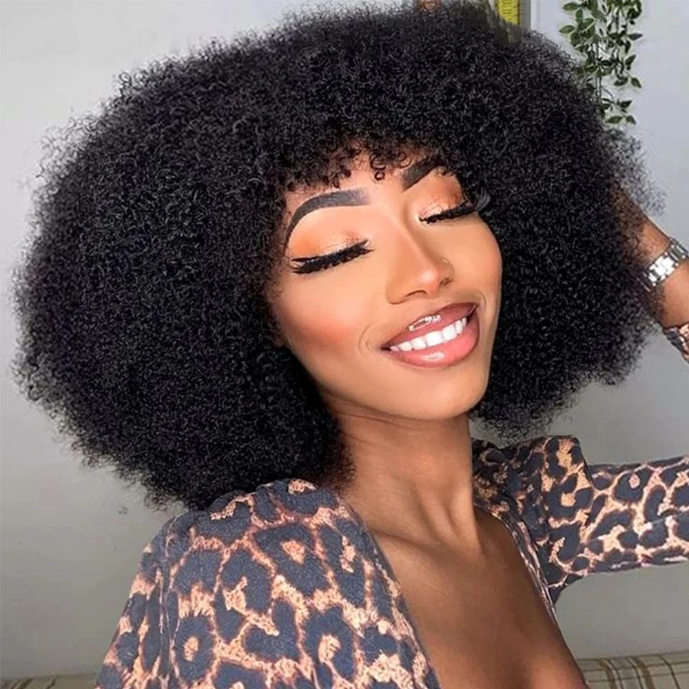 

Afro Kinky Curly Human Hair Wigs With Bangs Wear And Go Glueless 200 Density Short Natural Black Brazilian Hair 100% Human Hair