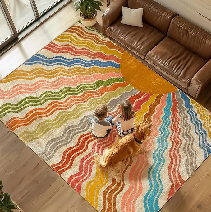

Creative High-end Living Room Carpet Large Area Colorful Wave Sun Print Bedroom Rug Soft Machine Washable Coffee Table Mat Tapis
