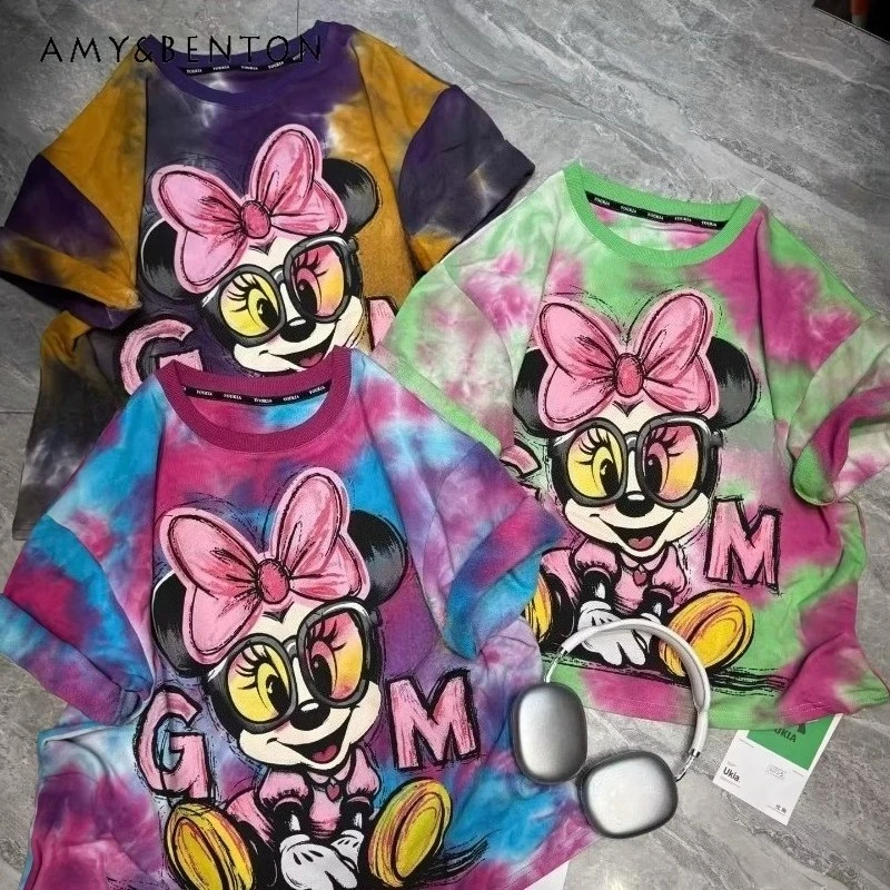 

Summer New Style Beautiful Round Neck Tie-Dye Cartoon Print Short Sleeved T-shirt Women Loose Slimming Versatile Casual Top Tees