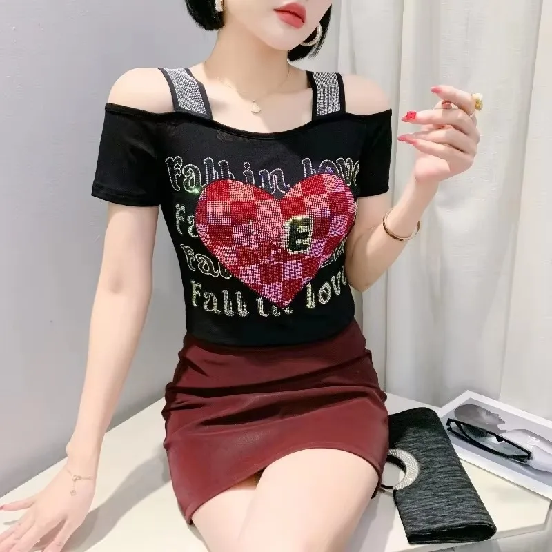 2024 Streetwear Mädchen Sommer Off Schulter Frauen Mesh Tops Elegante Kausalen Dünne Heiße Diamanten Weibliche Mode Sexy T-Shirt Tees