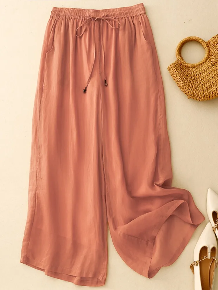 กางเกงขายาวผ้าลินินเนื้อบางเบาสำหรับฤดูร้อน ทรงขากว้าง สไตล์ลำลองสำหรับผู้หญิง ทรงตรง หลวม ใส่สบาย เอวยางยืดแบบผูกเชือก