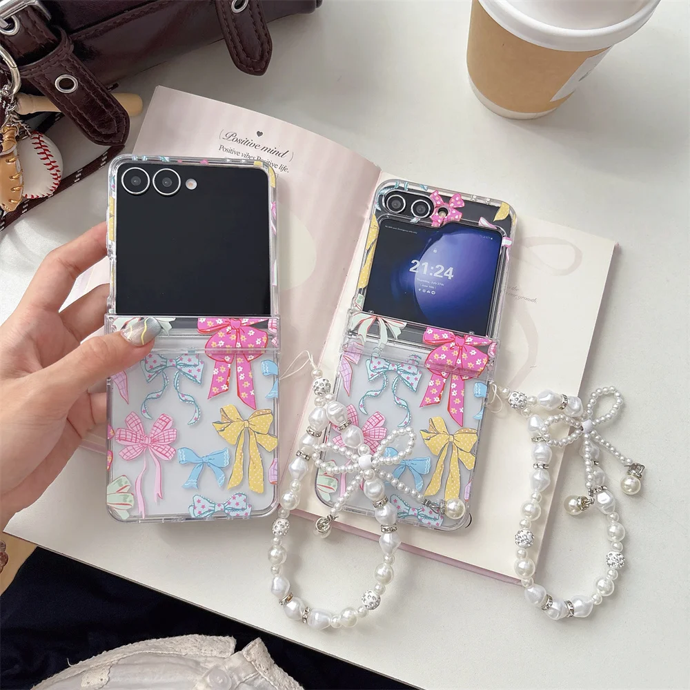 Preppy Lovely Colorful Plaid Bow Ditsy Floral Printed Phone Case for Samsung Galaxy Z Flip 7-3 Pearl Bead Strap Protective Cover