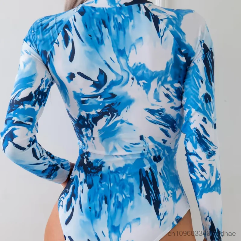 Women Long Sleeve Rash Guard Tropical Leaf Print One Piece Zipper Swimsuit Blue Tie Dye Surfing Bathing Suit Cosplay Swimwear