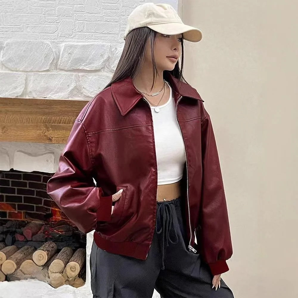 Cappotto primaverile autunnale da donna con vestibilità ampia e casual in pelle PU Jaet con cerniera risvolto lungo Sve Commute Sle Faion