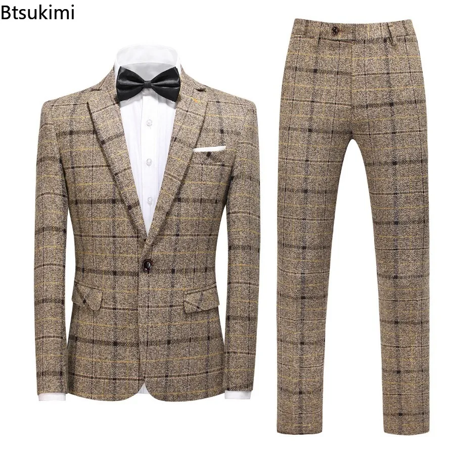 2024 Fashion England Style Men's Plaid Suit Three-Pieces (Blazer+Pants+Vest)  Men Business Formal Clothes Groom Wedding Dresses