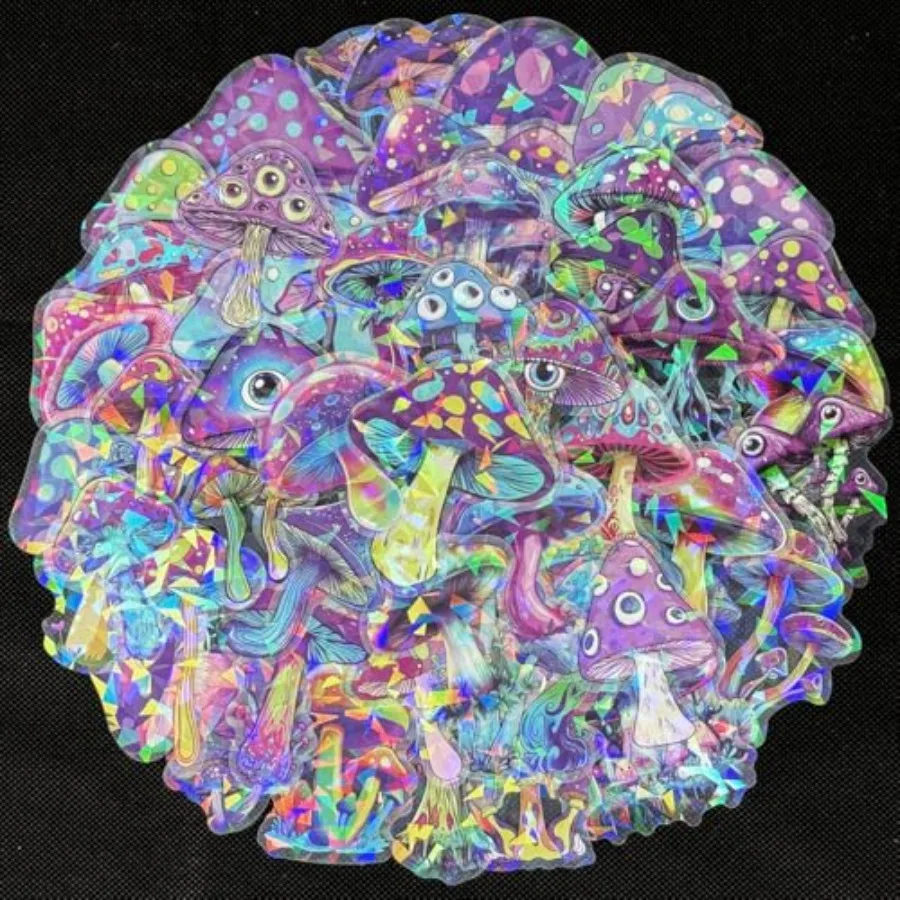 

50Pcs Transparent Mushroom Aesthetic Stickers Holographic Gold Foil Agaric Stickers for Scrapbook Journals Stationery Notebook