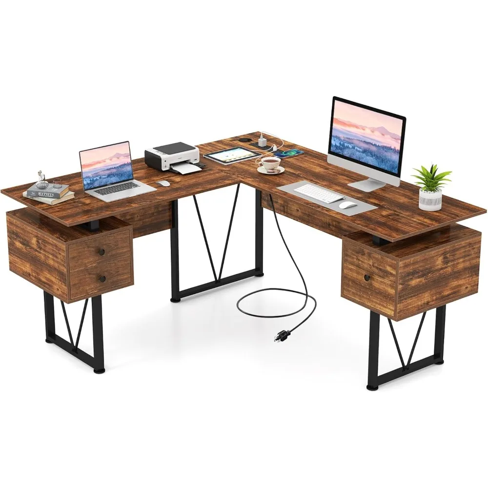 

59" L-Shaped Office Desk with 3 Drawers & Charging Station, Corner Computer Desk with Sturdy Metal Frame, Industrial Home Offic