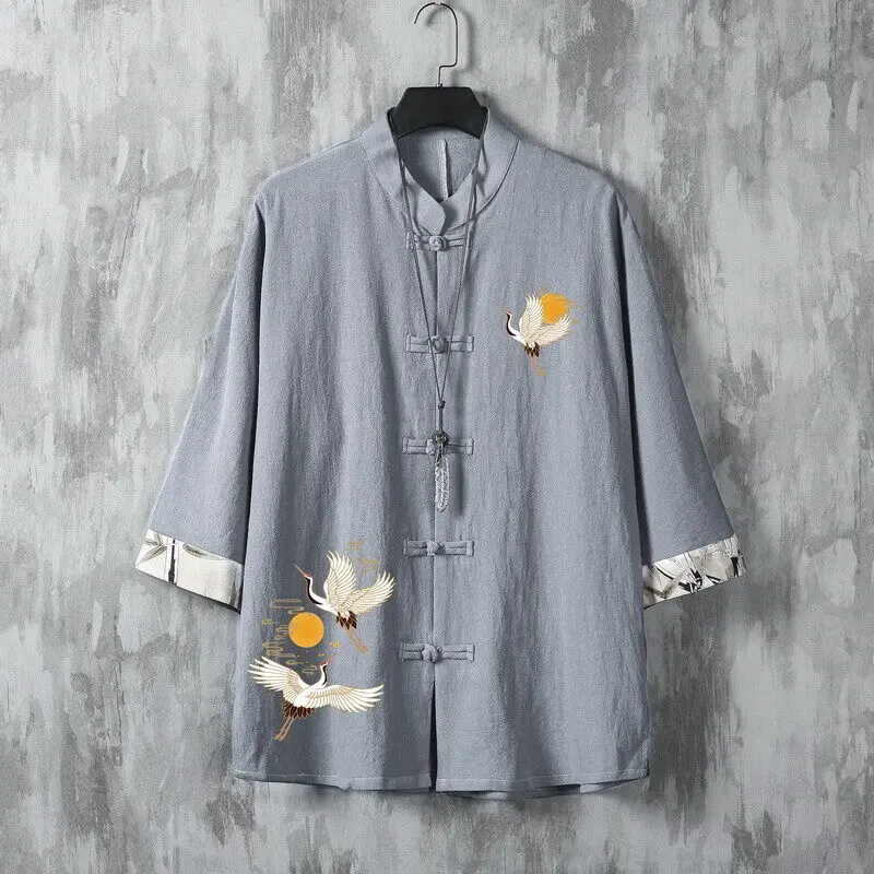 Men's Summer Sun & Crane Embroidered Short Sleeve Mandarin Collar Shirt Lightweight Linen Casual Top with Frog Buttons for Man