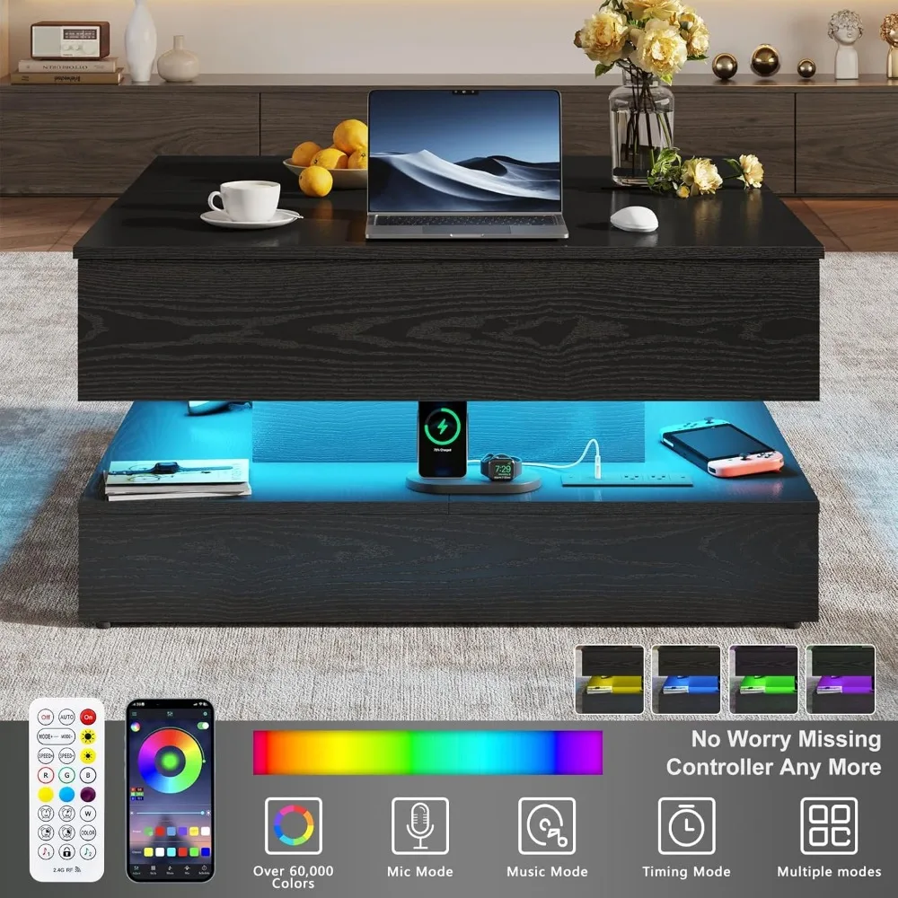 35.4 طاولة قهوة مربعة كبيرة مع سقف رفع، وطاولة مركزية مربعة حديثة مكونة من طابقين مع مساحة تخزين مقصورة مخفية #6