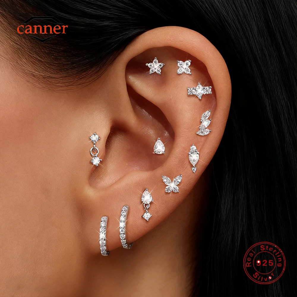 

CANNER Mini Moissanite 925 Sterling Silver Puncture Earrings For Women Ins Ear Studs Fine Jewelry pendientes plata de ley 925