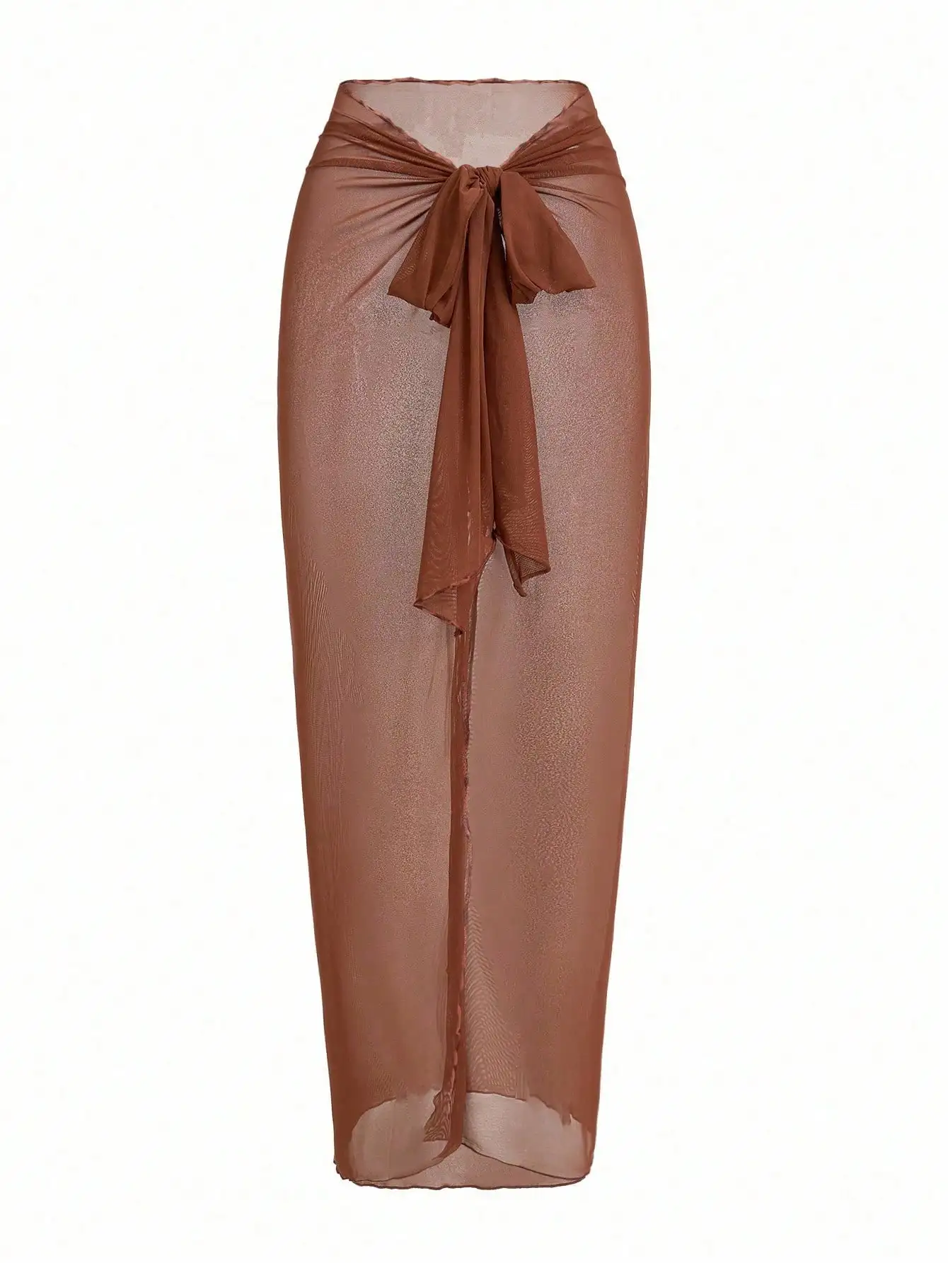 

Solid Color Ruched Mesh Panel One-Piece Swimsuit With Sarong Skirt