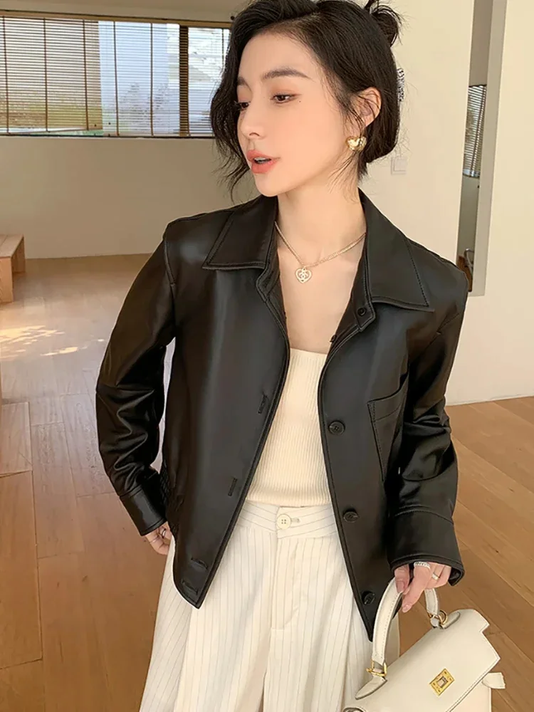 Black Simple Genuine Leather Jacket for Women Spring Autumn 2024 Trend High-end Single Breasted Cropped Real Sheepskin Coat