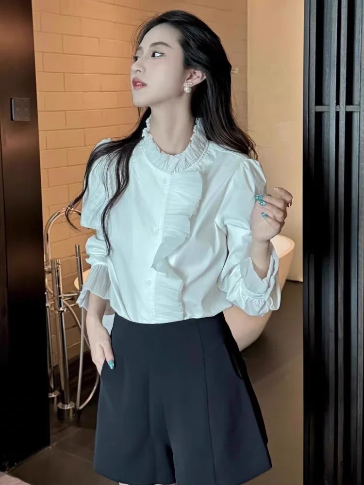 Herbst Weiß Stehkragen Pendler Hemd frauen Spitze Essbare Baum Pilz Bluse High-end-Top Damen Winter innere Shirts Neue