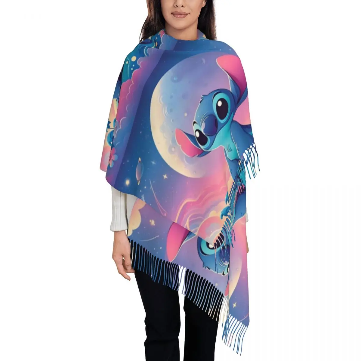 

Модный шарф с кисточками из мультфильма Лило и Стич, женские зимние теплые шали, женские шарфы в стиле аниме Kawaii