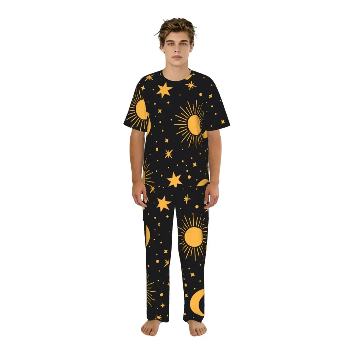

Мужская пижама с короткими рукавами, комплект из двух предметов: брюки и рубашка, домашний костюм с принтом Солнце, Луна, Звезды, одежда для сна.