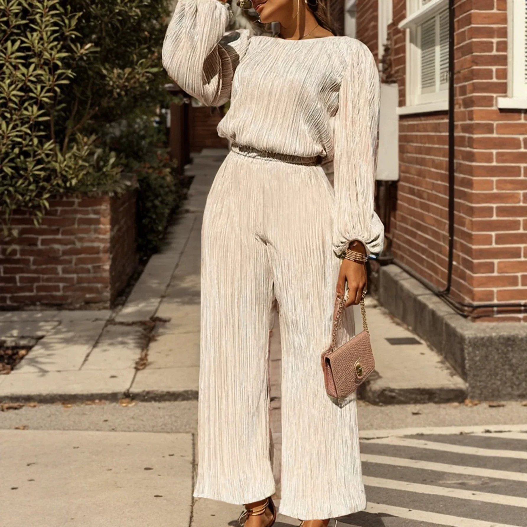 Ruched Waist Straight Pants Long Sleeve Top Set Women's Clubwear 2-Piece